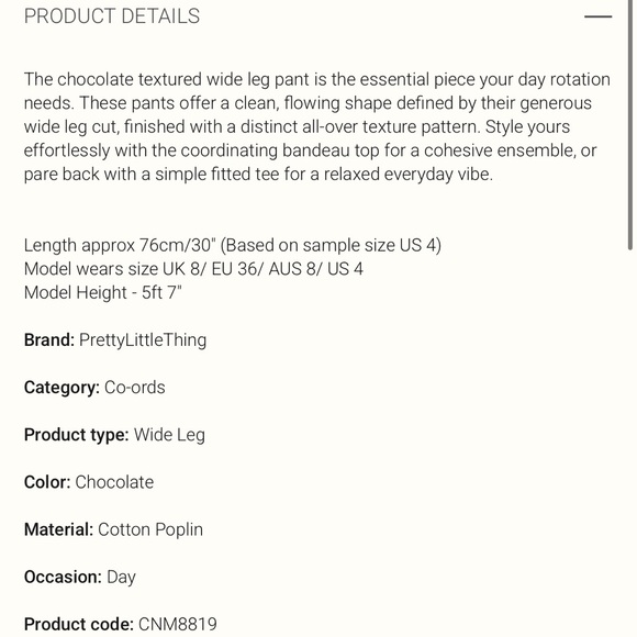 PrettyLittleThing Chocolate Brown Textured Wide Leg Pant Trouser Pants Trousers - Picture 6 of 8